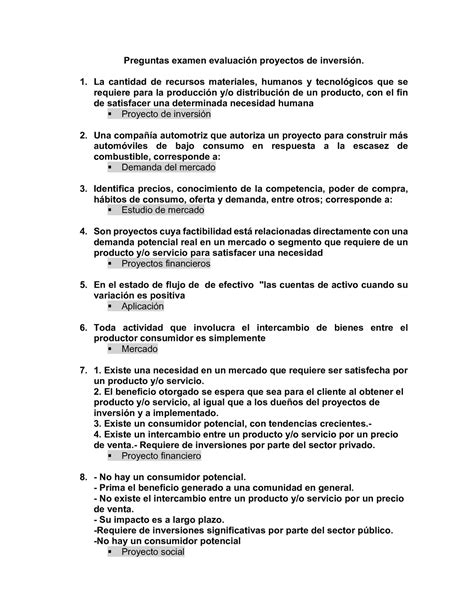 Preguntas teoria Preguntas examen evaluación proyectos de inversión