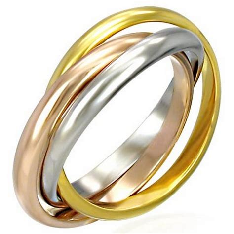 Stainless Steel Three Gold Tone Interlocking Polished Ring Band Set 3