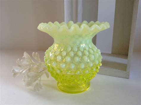 Fenton Topaz Opalescent Glass Vase Yellow Vaseline Hobnail Etsy