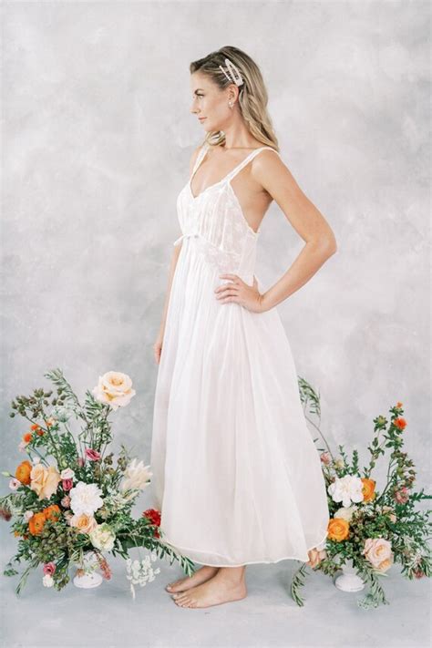 Vtg 60s Ivory Blue Lingerie Nightgown Slip Dress Bo Gem