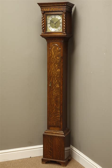 Early 20th Century Oak Cased Grandmother Clock With Barley Twist Column