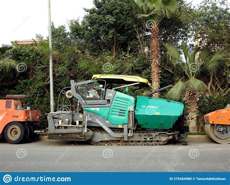 Cairo Egypt April 7 2023 Asphalt Paver Trucks And Compactors A