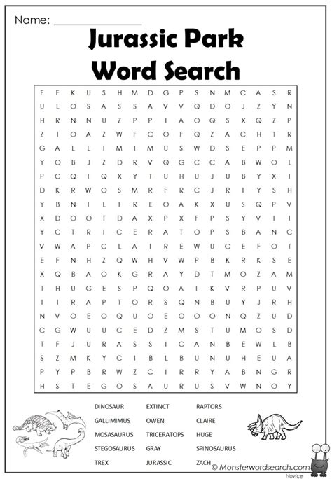 Jurassic Park Word Search Monster Word Search