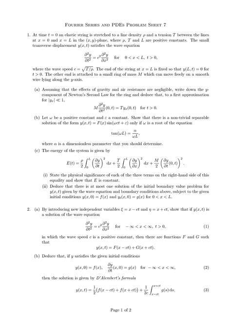 FS PDE Problem Sheet 7 Fourier Series And PDEs Problem Sheet 7 At