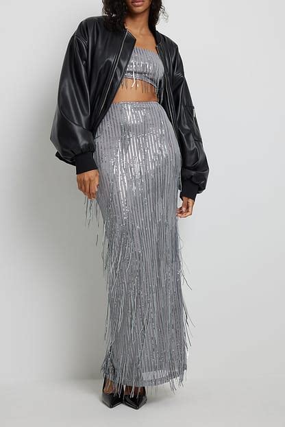 Long Sequin Skirt Silver Na Kd