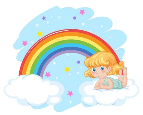 Chica Ngel En La Nube Con Arco Iris Vector Gratis