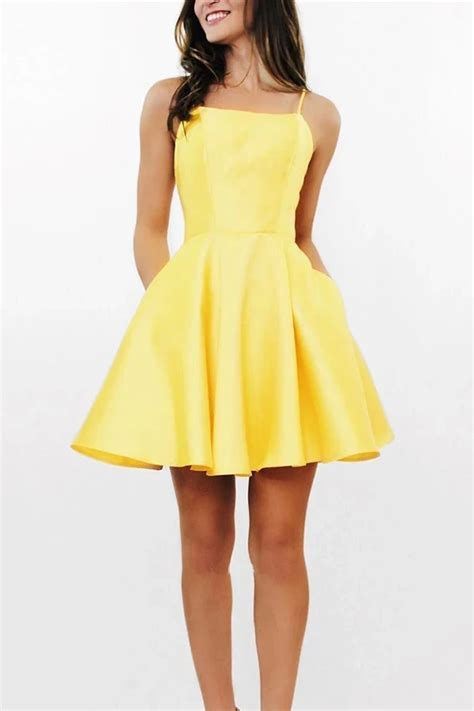 Simple Yellow A Line Cross Back Short Homecoming Dress With Pockets