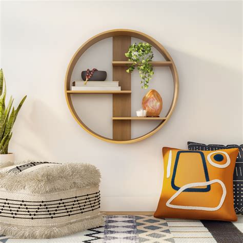 Modrn Natural Boho Round Wood Wall Shelf Wood Wall