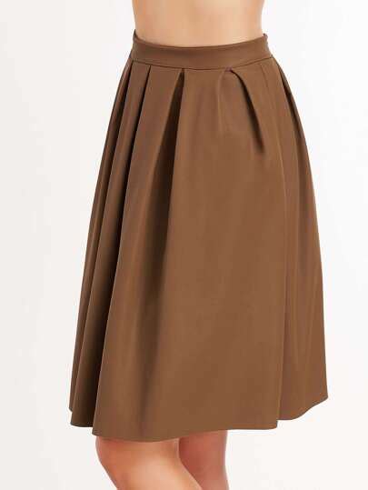 Khaki Faux Leather Pleated Skirt Sheinsheinside