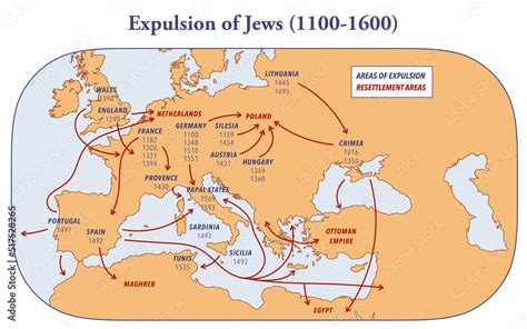 Map showing the expulsion of Jews and their resettlement between 1100 ...