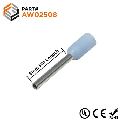 Aw02508 24 Awg Insulated Wire Ferrules 8mm Pin Light Blue Ul