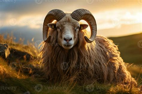 Icelandic sheep Ram with magnificent corkscrew horns laid in the grass ...