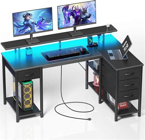 Seventable Gaming Desk With Led Lights Power Outlets Small L