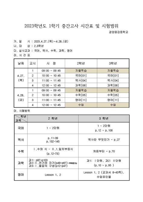 2023학년도 1학기 중간고사 시간표 및 시험 범위 안내 공지사항 광양용강중학교