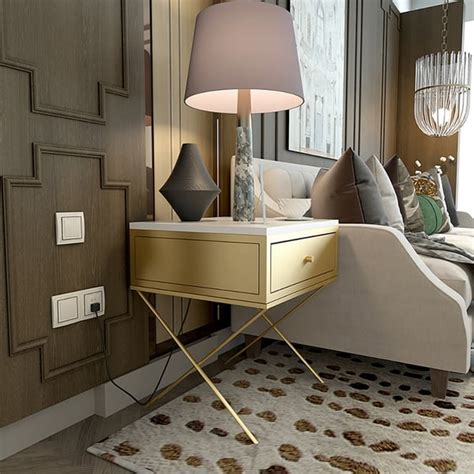 Modern Gold Nightstand Minimalist Lacquered Bedside Table With 1 Drawer X Shaped Base Homary