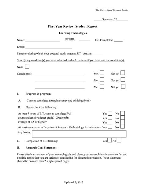 Fillable Online Edb Utexas First Year Review Student Report College