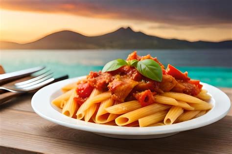 Premium Photo A Plate Of Pasta With A Sunset In The Background