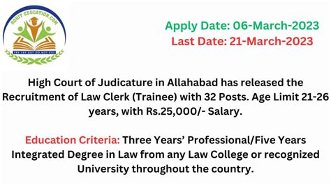 Allahabad High Court Law Clerk Recruitment 2023 Trainee For 32 Posts