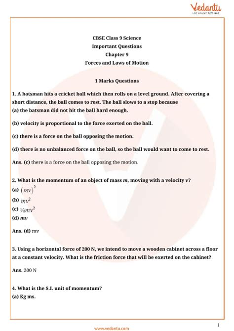 Important Questions For Cbse Class Science Chapter Force And Laws