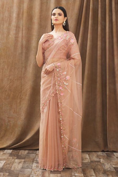 Buy Peach Organza Embroidered Pearl V Neck Zardozi Saree With Blouse