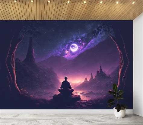 Buddhist Monk Meditating Under Star Night Sky Wallpaper Wall Mural