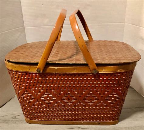 Vintage Red Man Wicker Picnic Basket Hinged Lid Metal Handles By