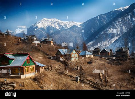 Wooden Houses On The Mountain Side Jammu And Kashmir Himalayas Stock