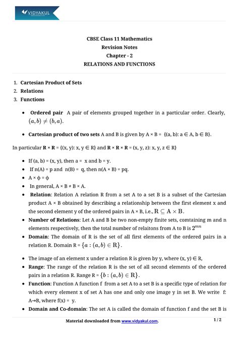 Class 11th Math Relations And Functions Formulas Cbse 2023