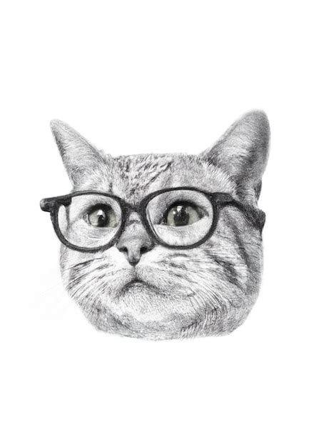 Premium Photo | Cat with glasses pencil drawing