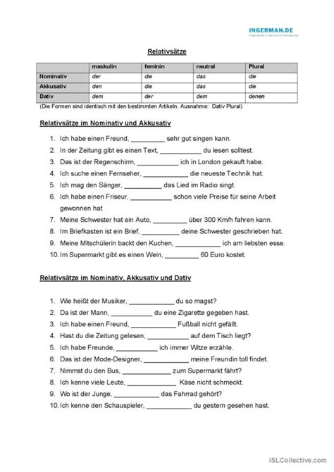 Relativs Tze Relativpronomen Allge Deutsch Daf Arbeitsbl Tter Pdf Doc