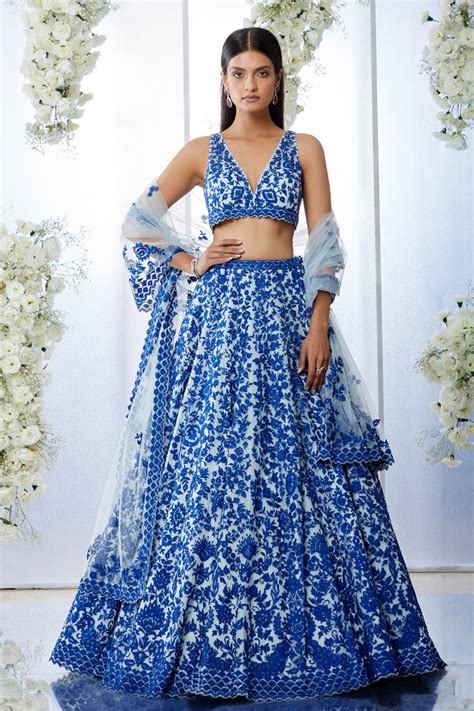 Buy Blue Net Embroidered Floral V Neck Bridal Lehenga Set For Women By Seema Gujral Online At