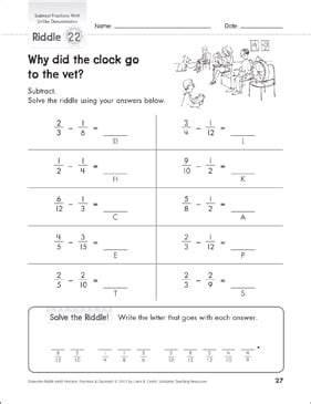 Solve The Riddle Subtract Fractions With Unlike Denominators Gr