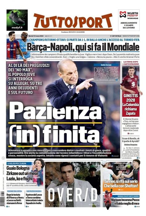 Prima Pagina Tuttosport Juventus Con Allegri Pazienza In Finita