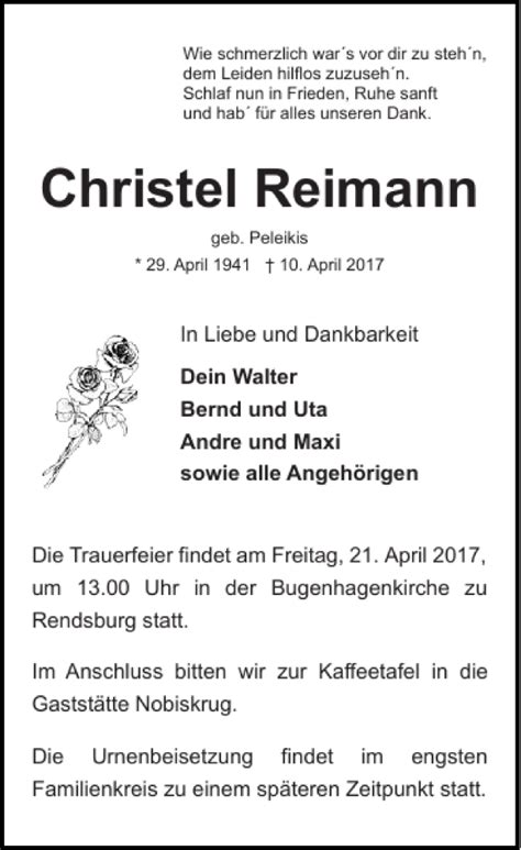 Traueranzeigen Von Christel Reimann Sh Z Trauer