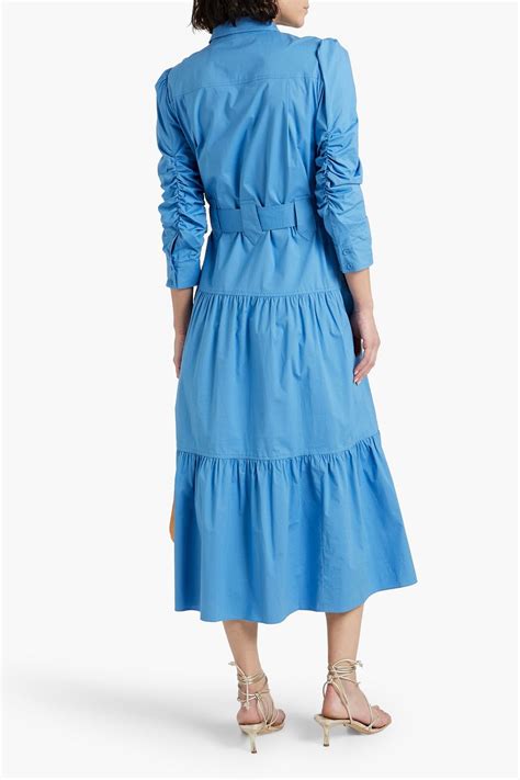 Derek Lam Crosby Belted Tiered Cotton Blend Poplin Midi Shirt Dress