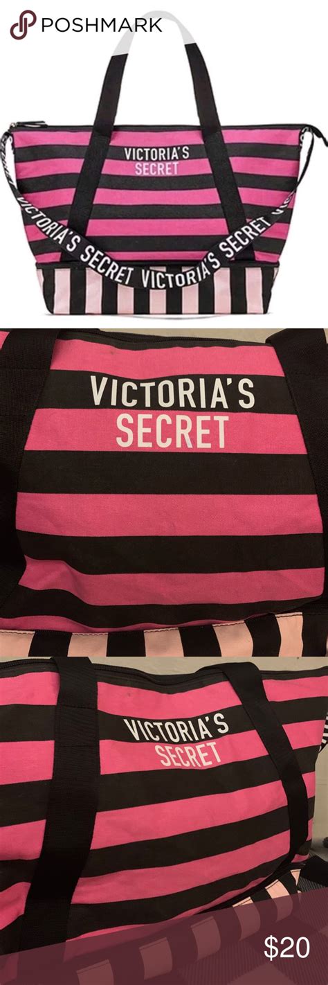 Victorias Secret Pink And Black Striped Tote Bag Striped Tote Bags