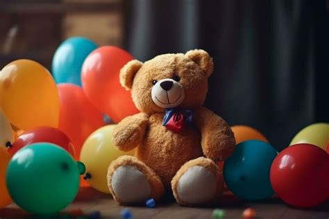 Cute teddy bear with colorful balloons, kids' birthday concept ...