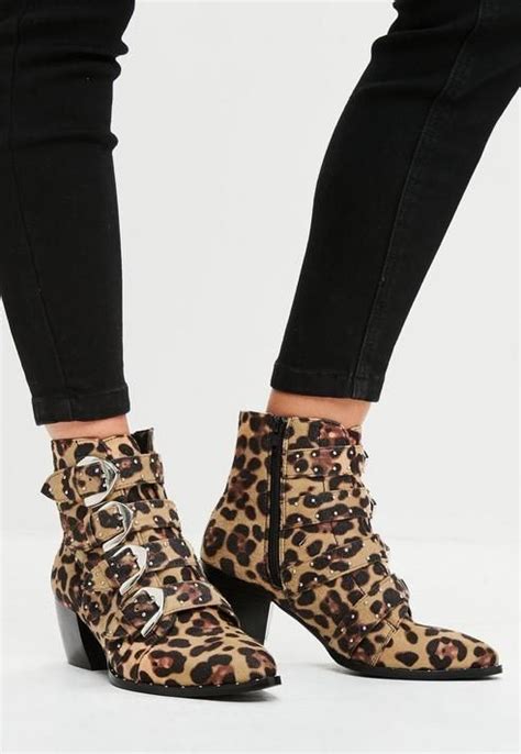 Missguided Brown Leopard Print Studded Strap Ankle Boots Leopard