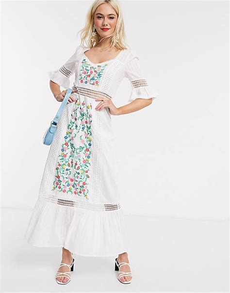 Asos Design Embroidered Tiered Maxi Dress With Lace Inserts In White Asos