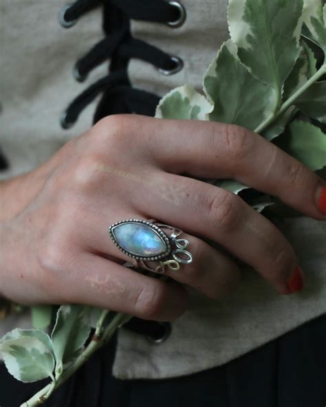 Aredhel Elven Sterling Silver Ring With Rainbow Moonstone Etsy De