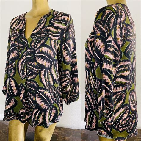 Nile Tropical Palm Leaf Print Resort Style Blouse Lar… Gem