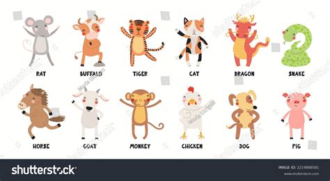 Twelve Animals Vietnamese Zodiac Cute Cartoon Stock Vector (Royalty ...