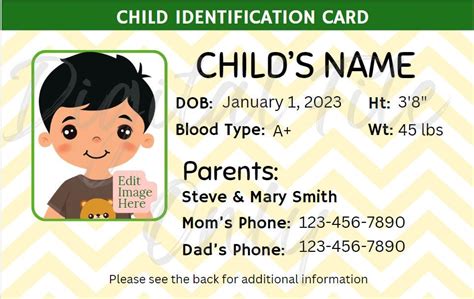 Editable Child ID Card Canva Template, Custom Kid ID Card, Printable Child Badge With Photo ...