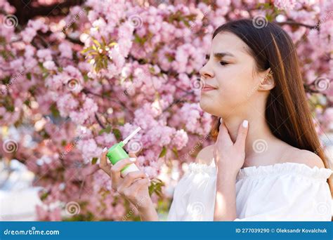 Unhappy Lady Treating Her Throat With Spray And Sprinkling It In Her Mouth Upset Sick Girl