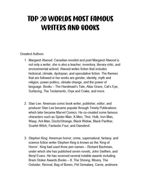 Top 20 Worlds Most Famous Writers and Books (Investigacion) | PDF | Writers | Stephen King