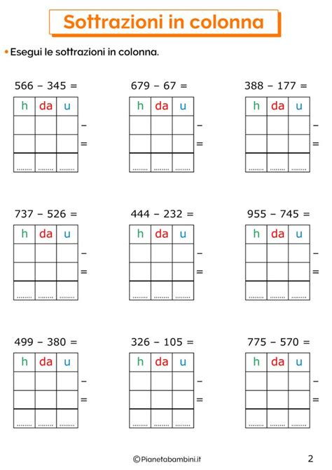 Sottrazioni In Colonna Esercizi Per La Scuola Primaria Fogli Di
