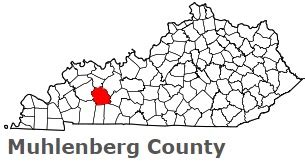 Muhlenberg County on the map of Kentucky 2023. Cities, roads, borders and directions in ...