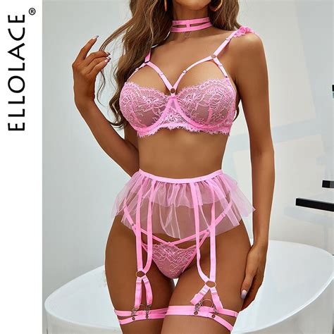 Ellolace Roze Lingerie Sexy Transparante Bh 4 Pieces Ruches Garters Met