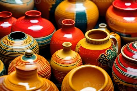 Many Colorful Pottery Vases Are Displayed In A Row Ai Generated