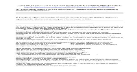 Lista De Exerc Cios Ano Renascimento E Reforma Protestante Pdf